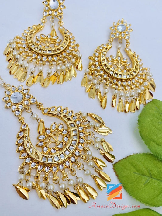 Oversized Kundan Pippal Patti Golden Earrings Tikka Set