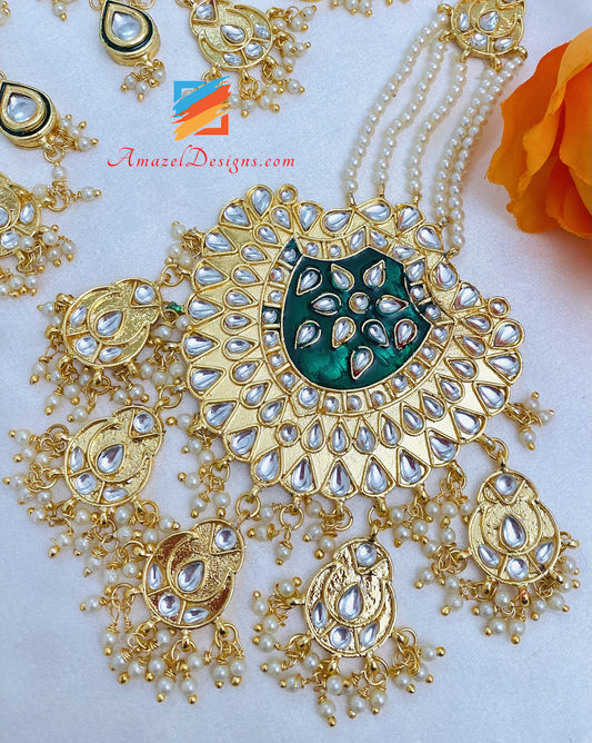 Übergroßes Kundan Waliyaan Balley Green Emerald Leichtes Passa-Set 