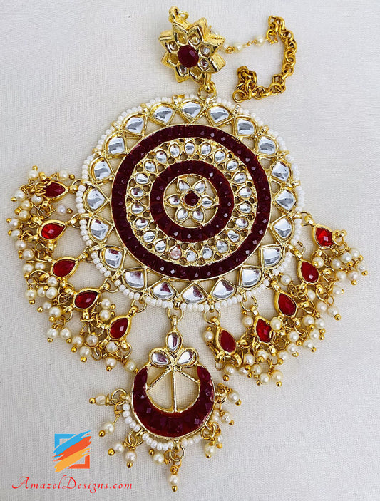 Oversized Mehroon Kundan Earrings Tikka Set