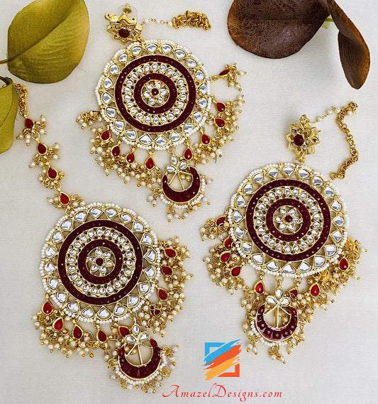 Oversized Mehroon Kundan Earrings Tikka Set