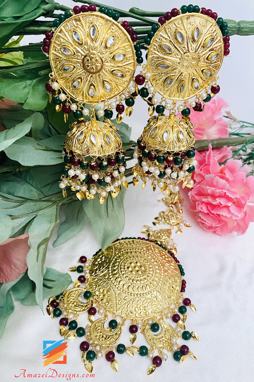 Oversized Multicoloured Lightweight Earrings Tikka Kundan Pippal Patti Traditional Set