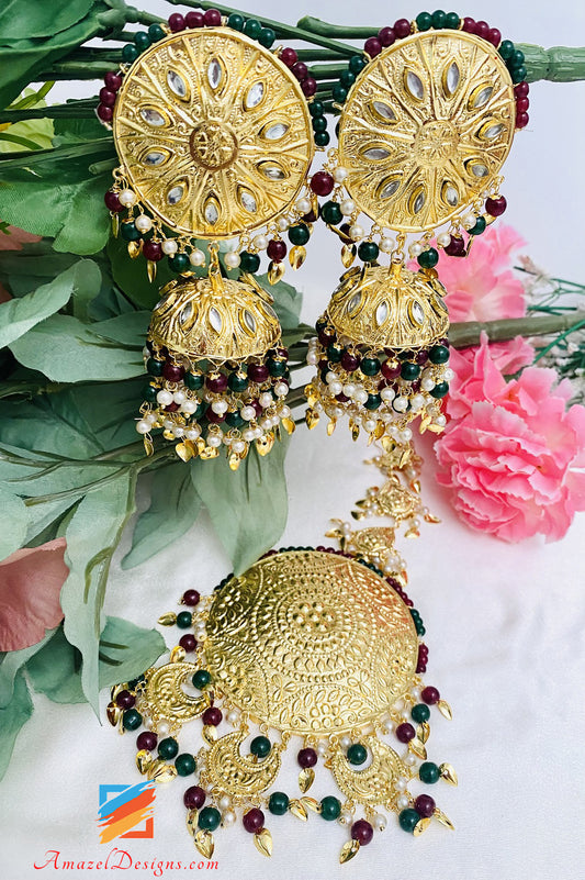 Übergroße bunte leichte Ohrringe Tikka Kundan Pippal Patti Traditionelles Set 