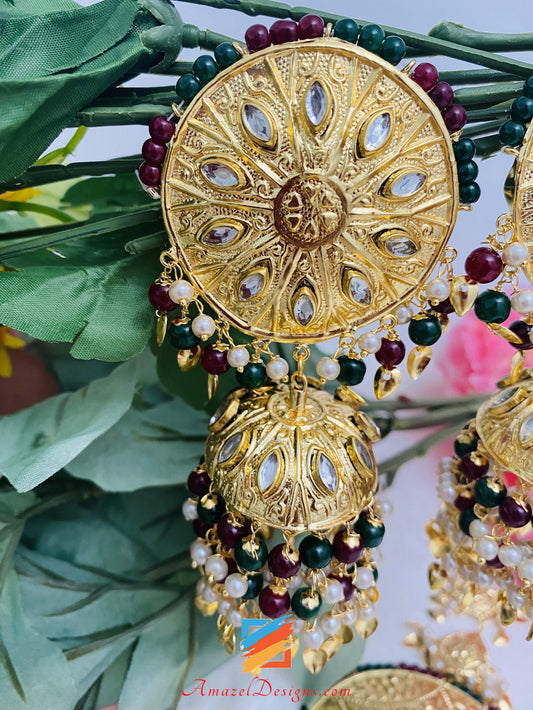 Oversized Multicoloured Lightweight Earrings Tikka Kundan Pippal Patti Traditional Set