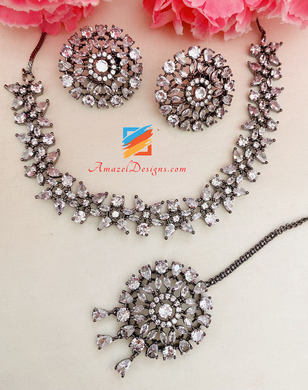 Oxidized American Diamond Necklace Studs Tikka Set