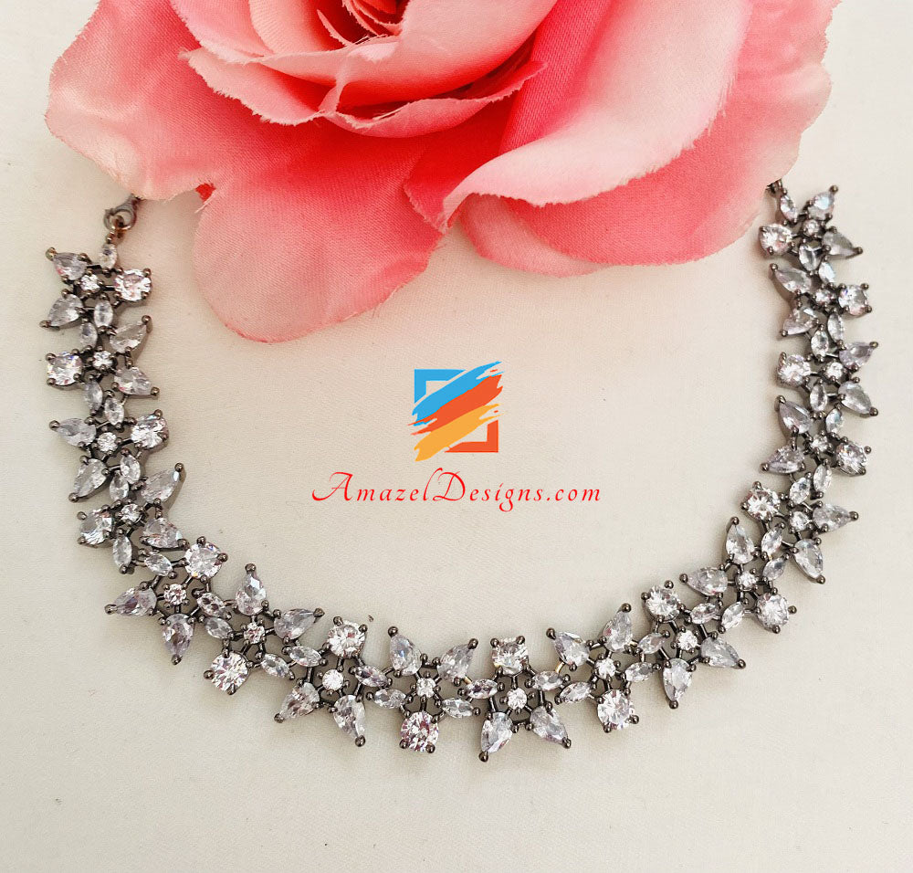 Oxidized American Diamond Necklace Studs Tikka Set