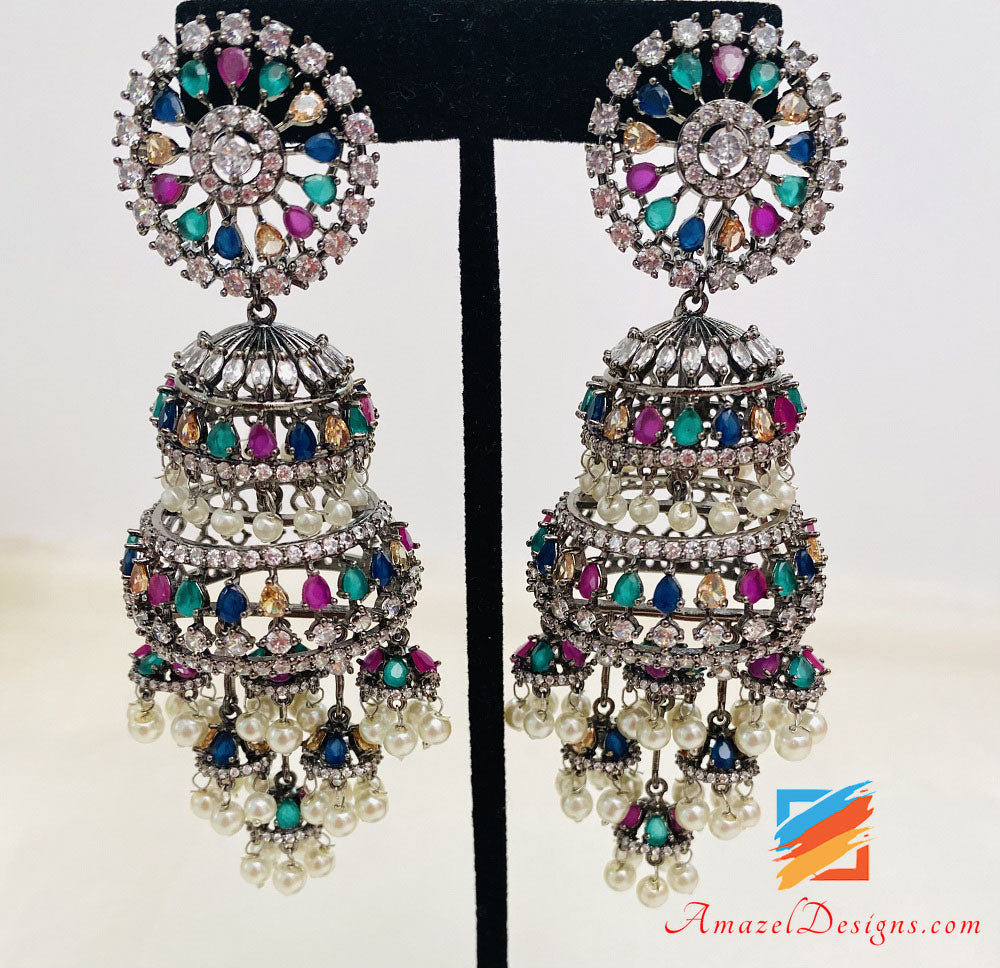 Oxidized American Diamond (AD) Multicoloured Earrings Tikka Set