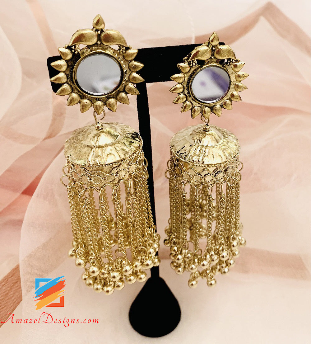 Oxidized Golden Tassels Mirror Light Weight Earrings