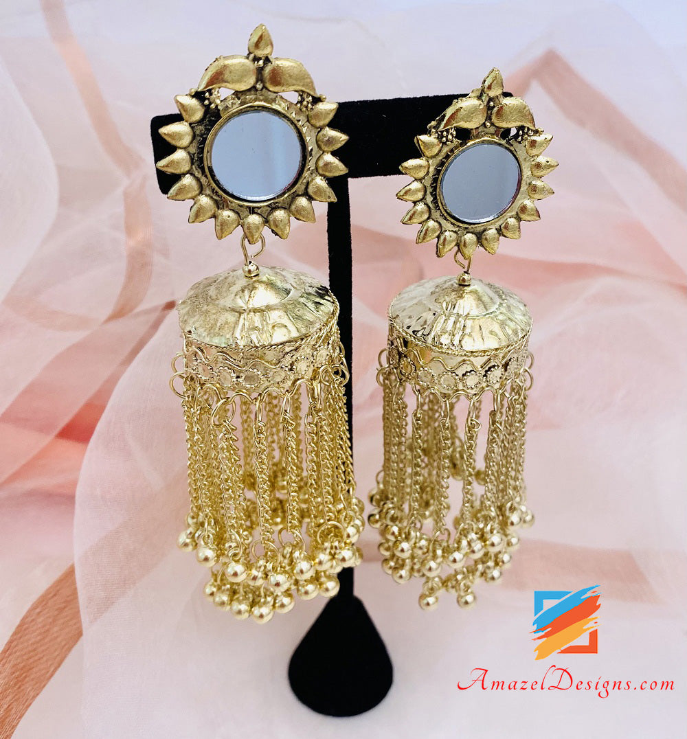 Oxidized Golden Tassels Mirror Light Weight Earrings