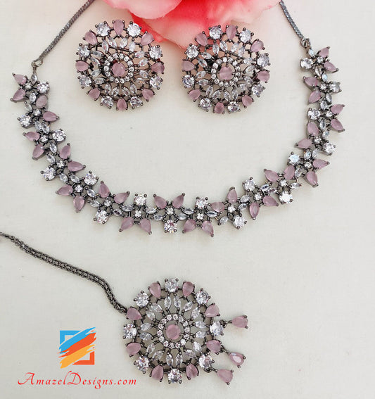 Tikka-Set mit oxidierten rosafarbenen amerikanischen Diamant-Halskettensteckern