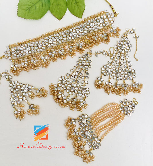 Golden Kundan Peach Crystal Leggero Flessibile Orecchini Girocollo Set Tikka Passa 