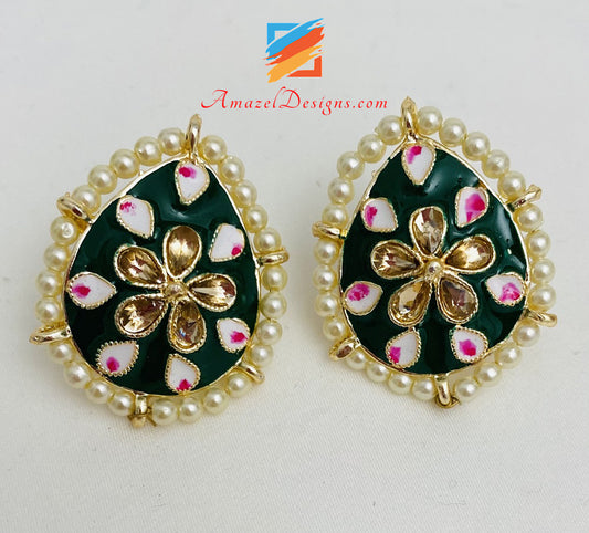 Painted Meenakari Green Studs