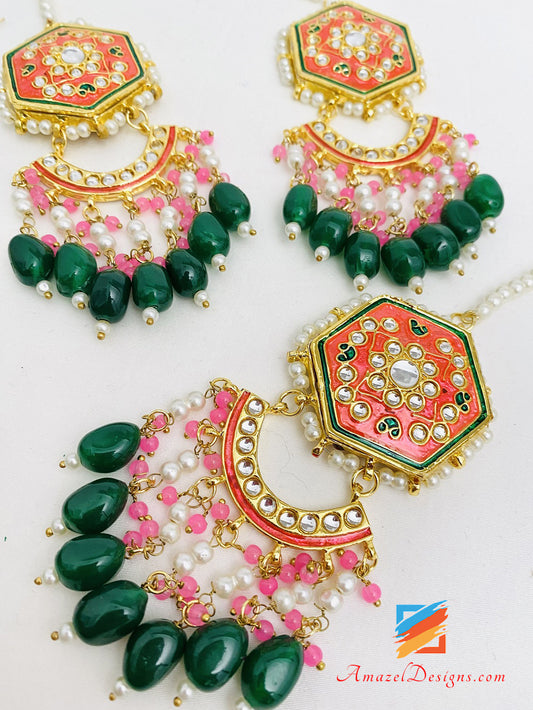 Bemalte rosa Kundan Ohrringe Tikka Passa Set 