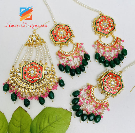 Bemalte rosa Kundan Ohrringe Tikka Passa Set 