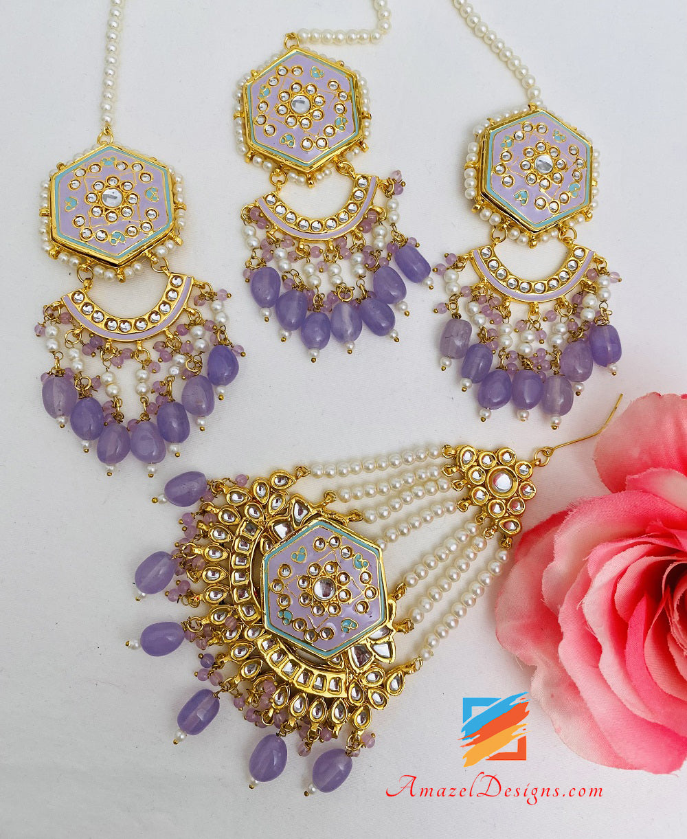 Painted Purple Mauve Lavender Kundan Earrings Tikka Passa Set