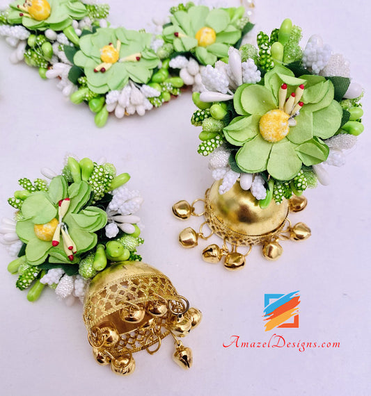 Parrot Green Collana Jhumka Orecchini Hand Pieces Tikka Flower Set 
