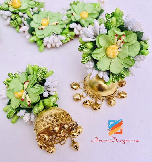 Parrot Green Necklace Jhumka Earrings Hand Pieces Tikka Flower Set