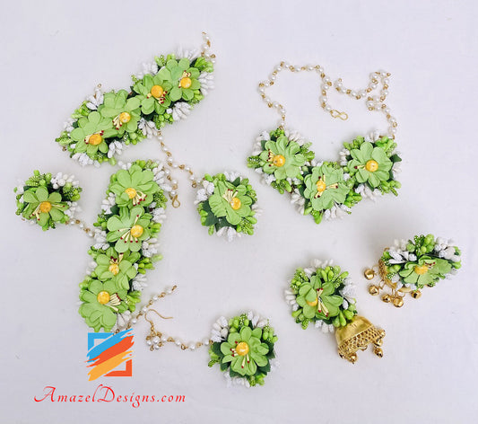 Papagei Grüne Halskette Jhumka Ohrringe Handstücke Tikka Blumen Set 