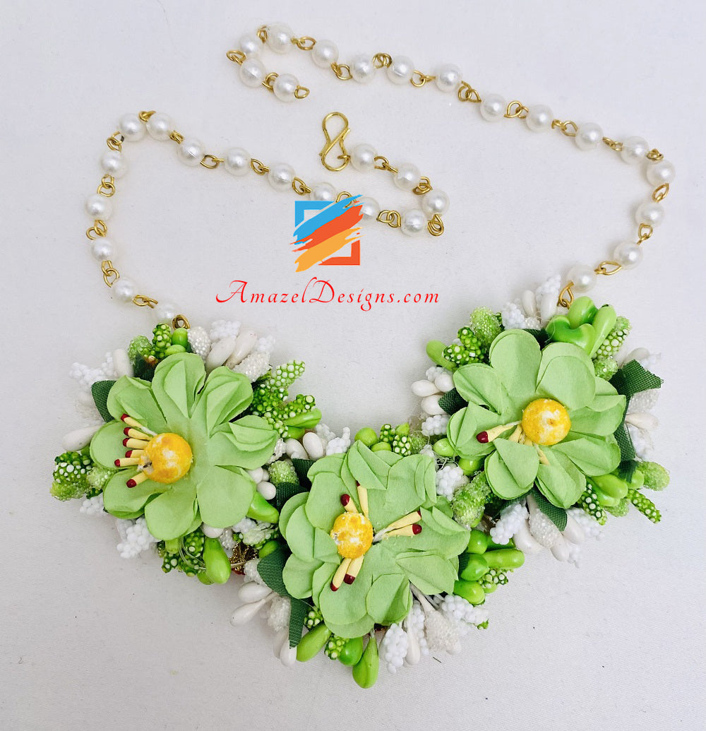 Parrot Green Necklace Jhumka Earrings Hand Pieces Tikka Flower Set