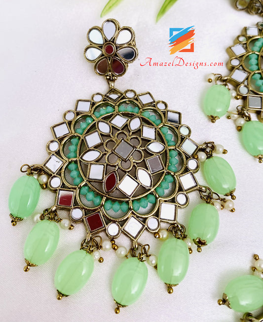 Parrot Green Sheesha Earrings Tikka Set