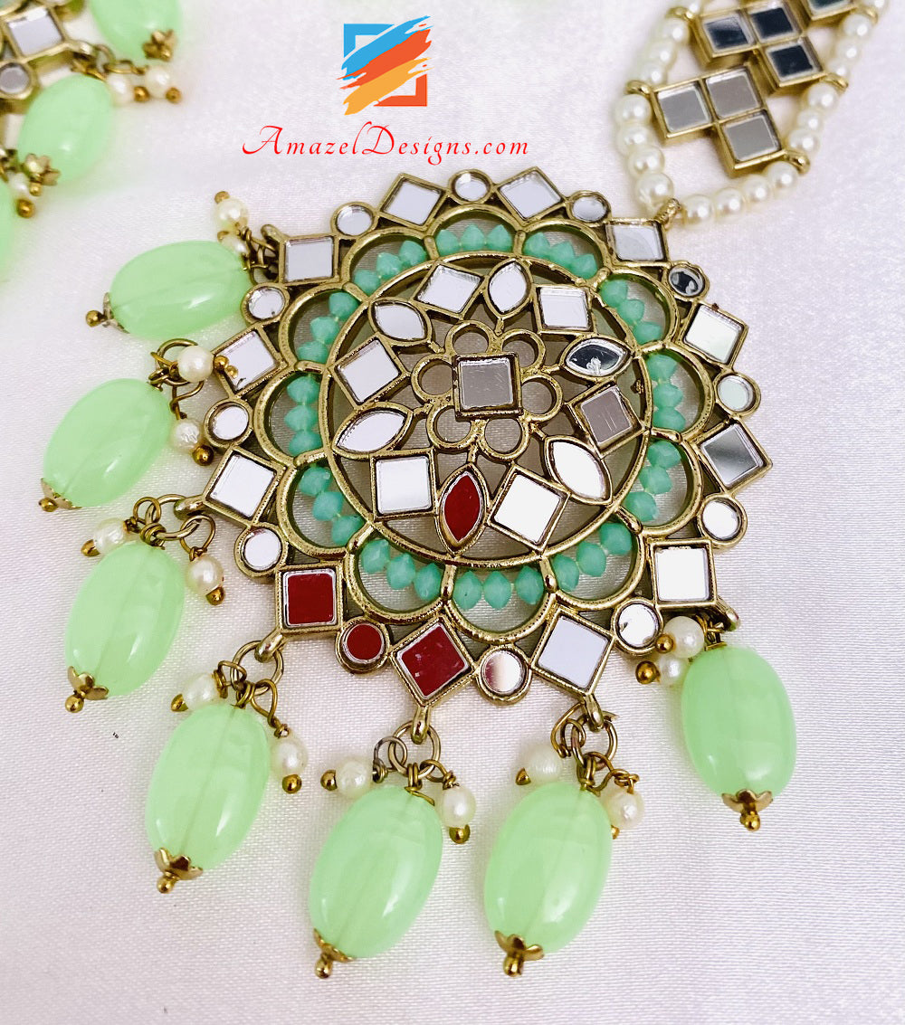 Parrot Green Sheesha Earrings Tikka Set
