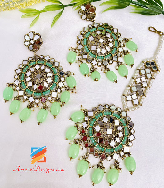Parrot Green Sheesha Earrings Tikka Set