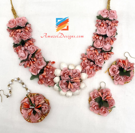 Peach Flower Necklace Earrings Tikka Set