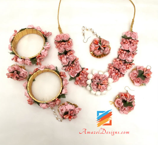 Peach Flower Necklace Earrings Tikka Set
