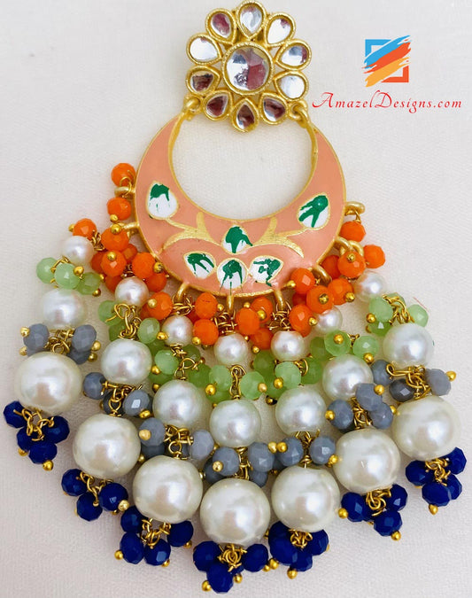 Peach Hand Painted Earrings Tikka Set