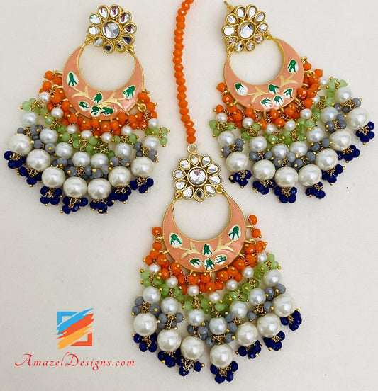 Peach Hand Painted Earrings Tikka Set
