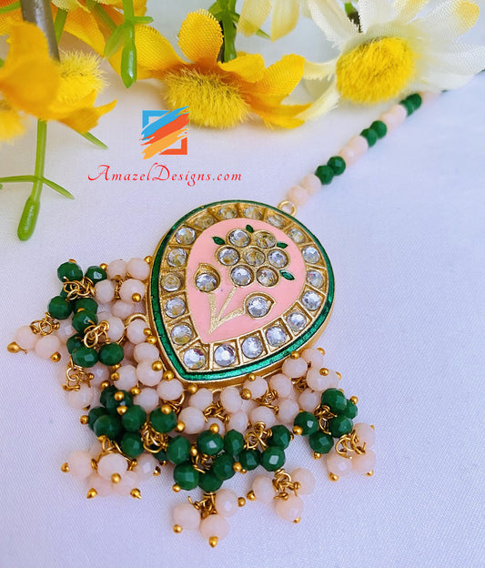 Peach Kundan Orecchini Jhumki dipinti a mano Set Tikka 