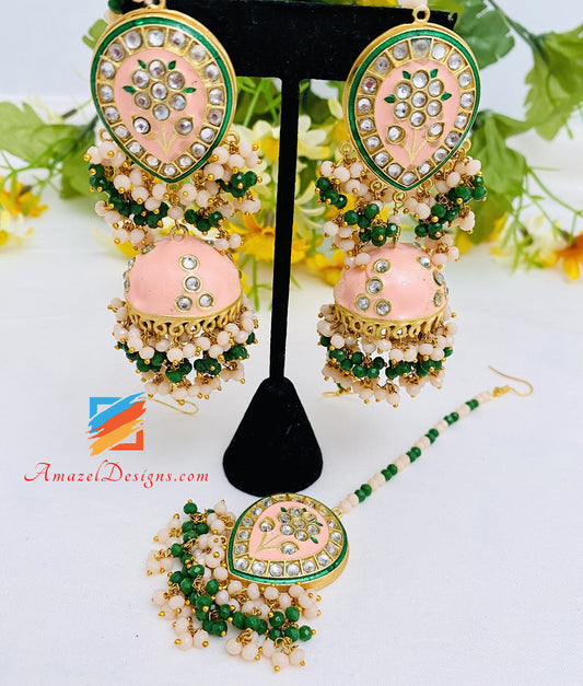 Pfirsich Kundan Handbemalte Jhumki Ohrringe Tikka Set 