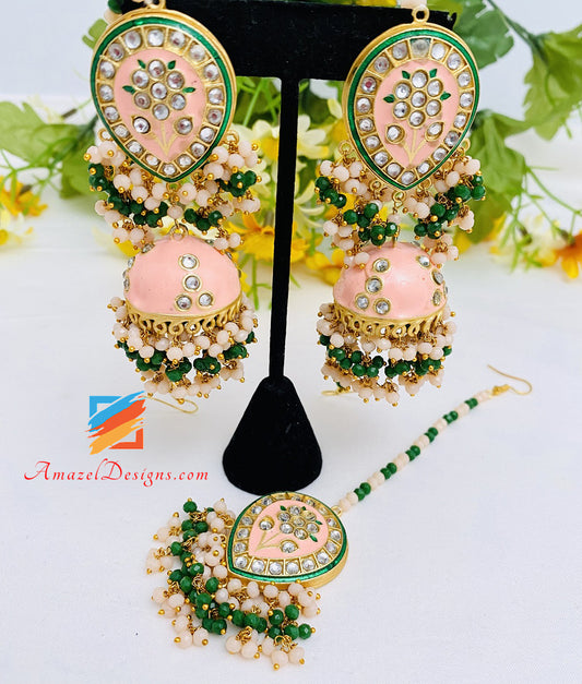 Peach Kundan Hand Painted Jhumki Earrings Tikka Set
