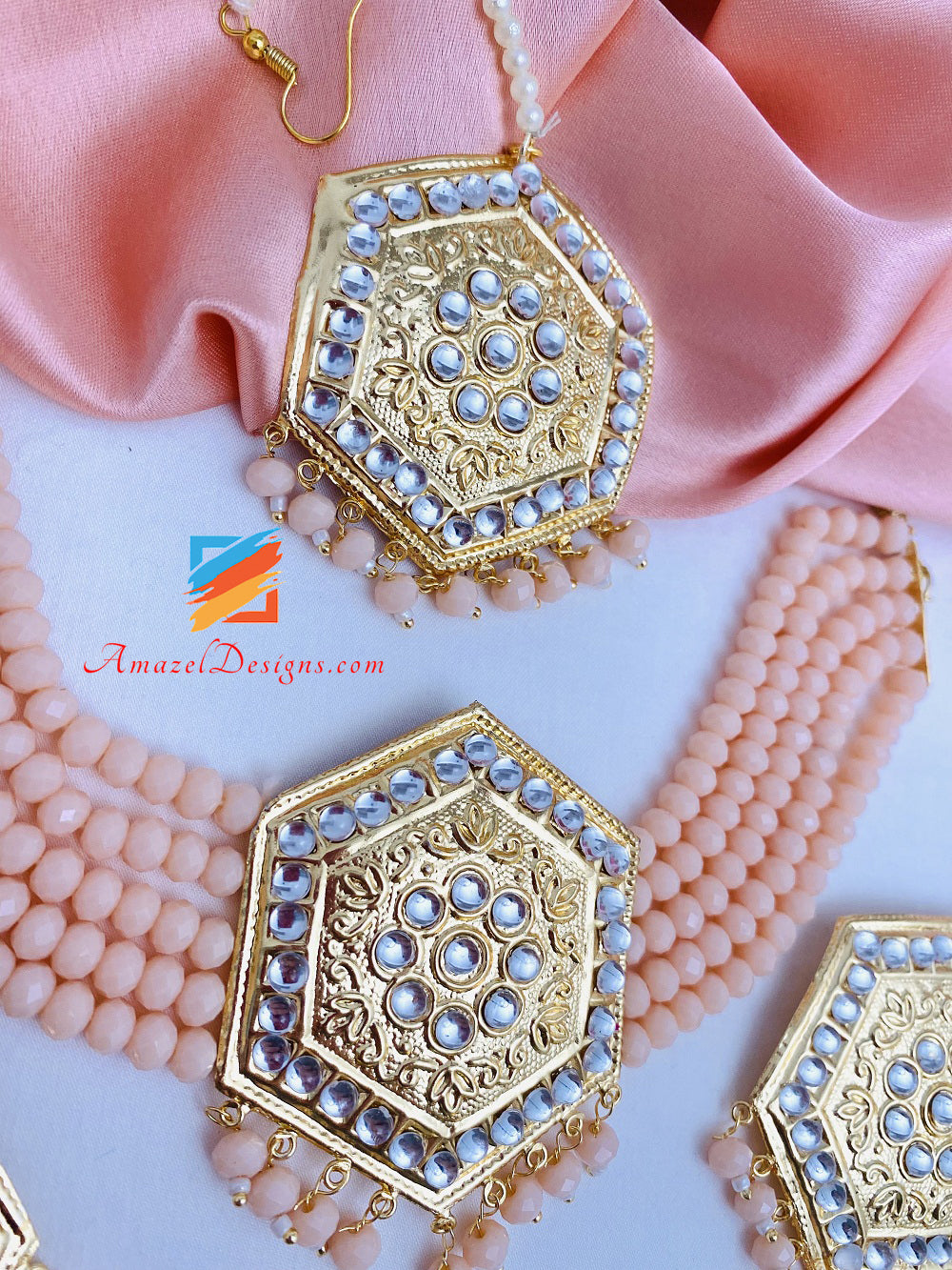 Peach Lightweight Kundan Choker Necklace Studs Earrings Tikka Set