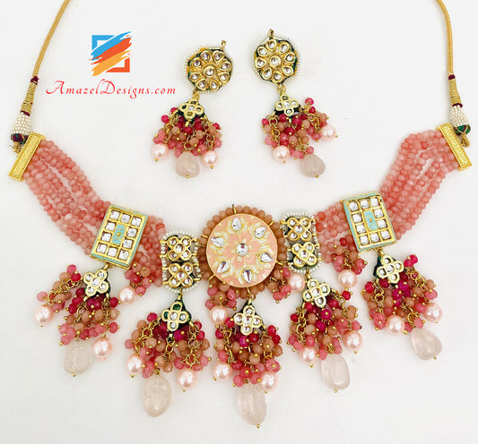 Peach Meenakari Hand Painted Necklace And Earrings Set