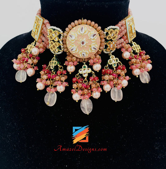 Peach Meenakari Hand Painted Necklace And Earrings Set