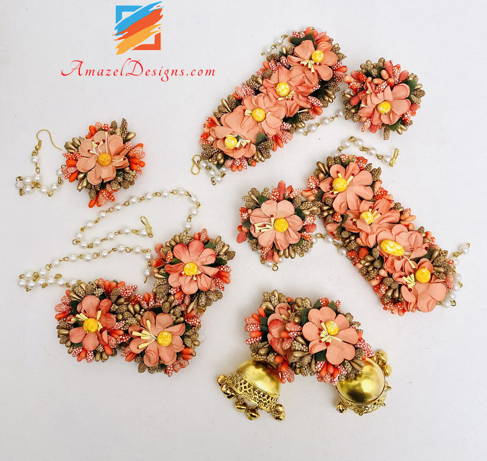 Peach Necklace Jhumka Earrings Hand Pieces Tikka Flower Set