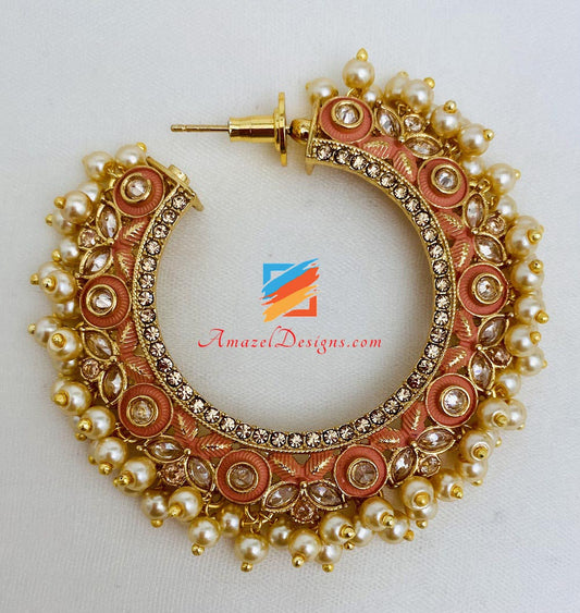 Peach Painted Pearly Polki Hoops