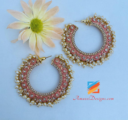 Peach Painted Pearly Polki Hoops