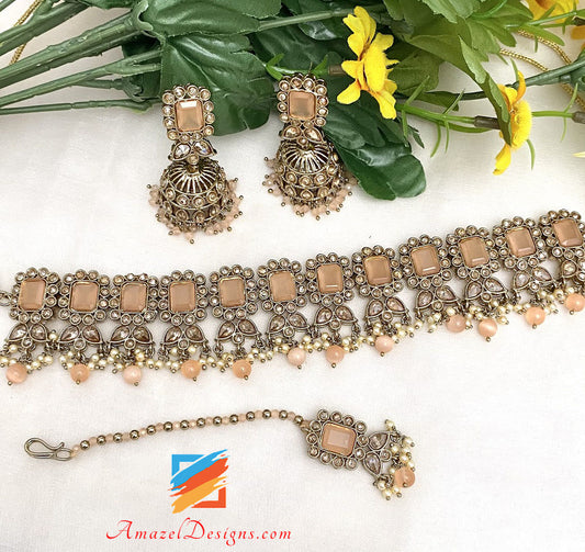 Collana Girocollo Polki Pesca Orecchini Jhumki Set Tikka