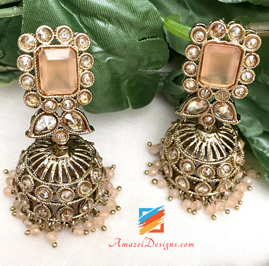 Peach Polki Choker Necklace Jhumki Earrings Tikka Set