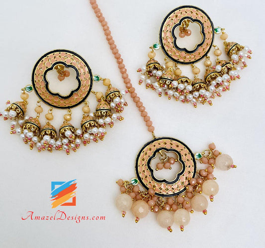 Peach Studs With Hanging Jhumkis Earrings Tikka Set