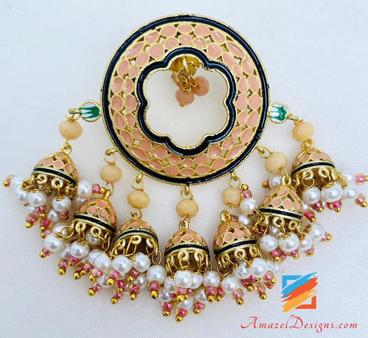 Peach Studs With Hanging Jhumkis Earrings Tikka Set