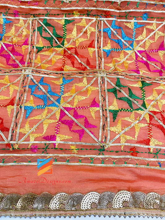 Peach Allover Aari Work Phulkari
