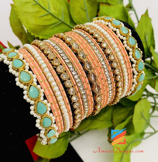 Champagne Peach Mint Polki Bangle Set