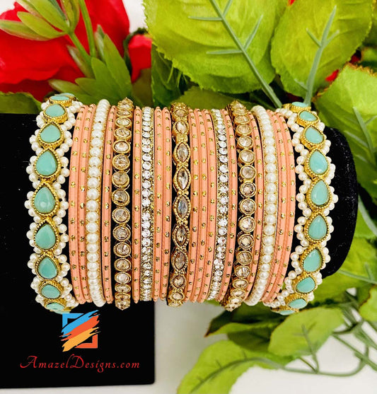 Champagne Peach Mint Polki Bangle Set