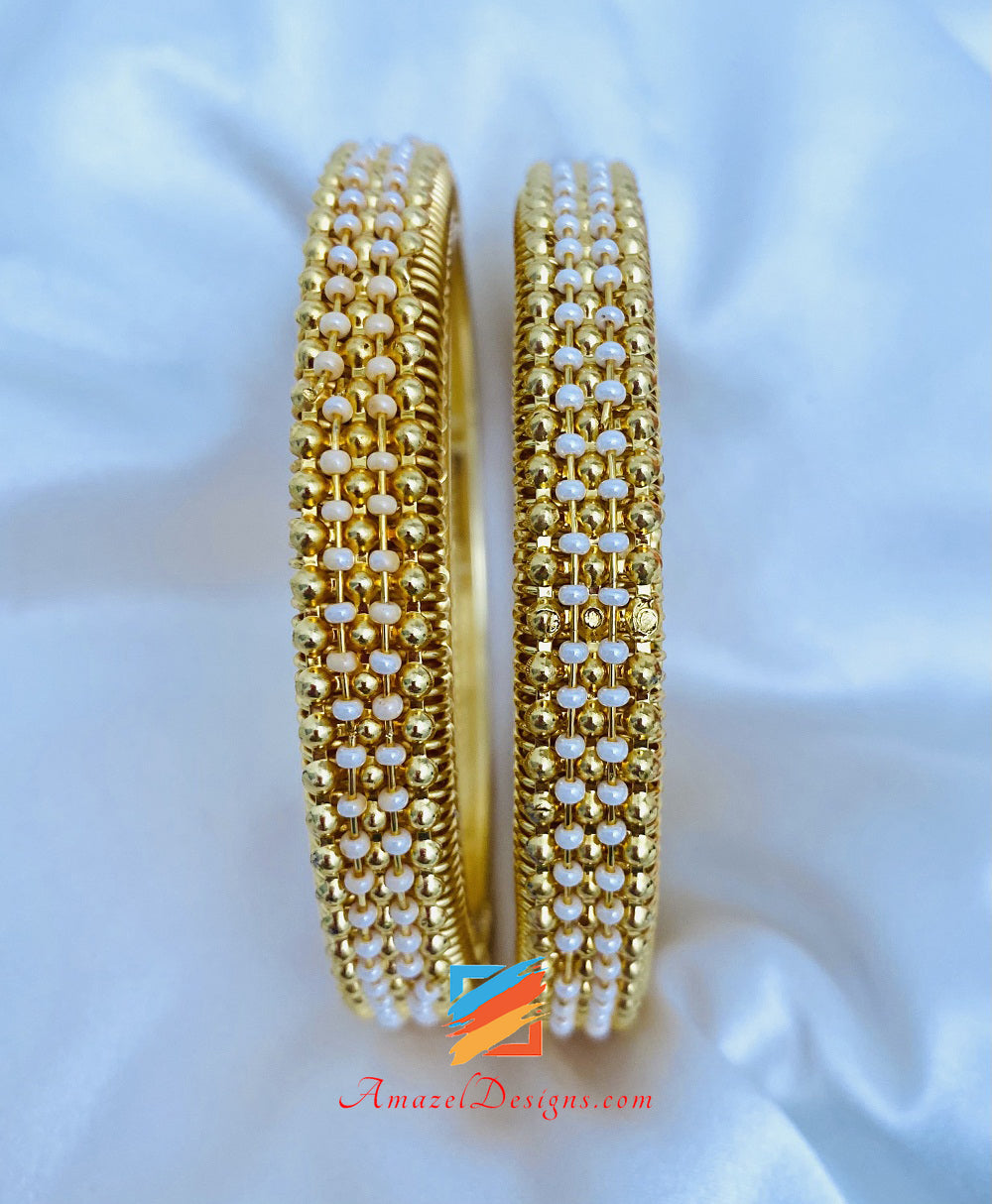 Pearl Bangles Golden with White Beads - Pair