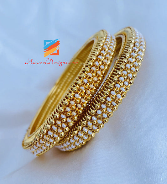 Pearl Bangles Golden with White Beads - Pair