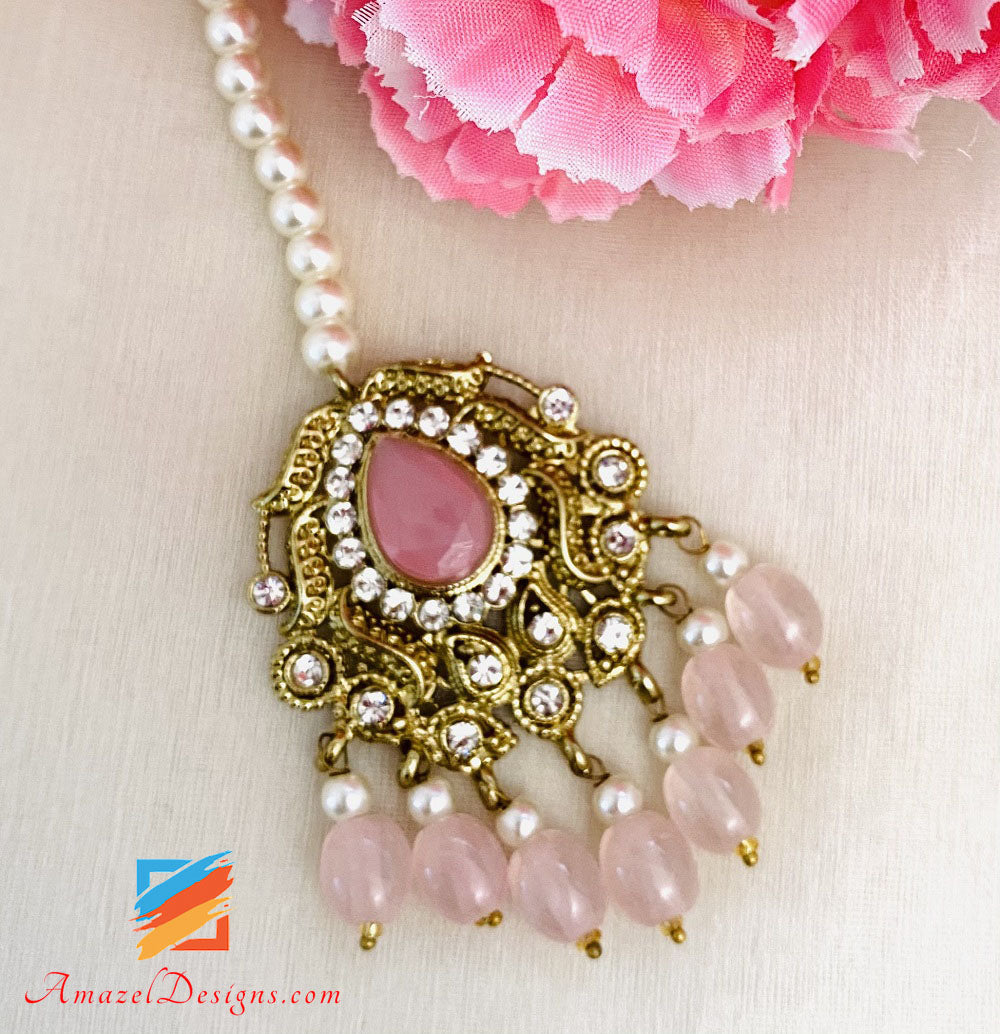 Pink Choker Necklace Earrings Passa Tikka Set