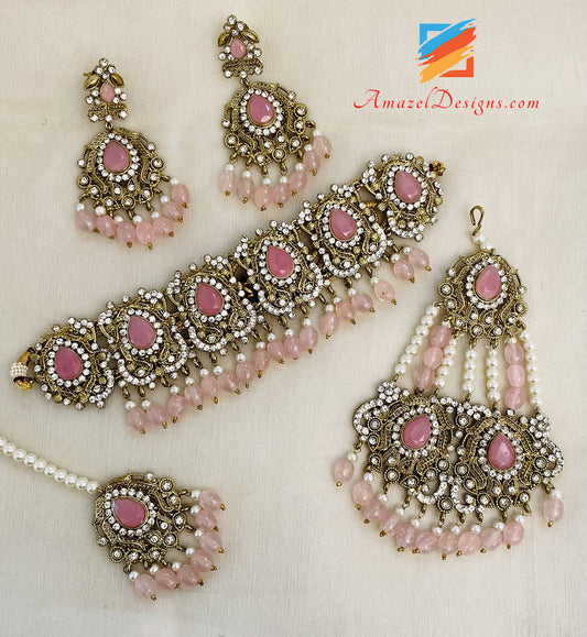 Rosa Choker Halskette Ohrringe Passa Tikka Set