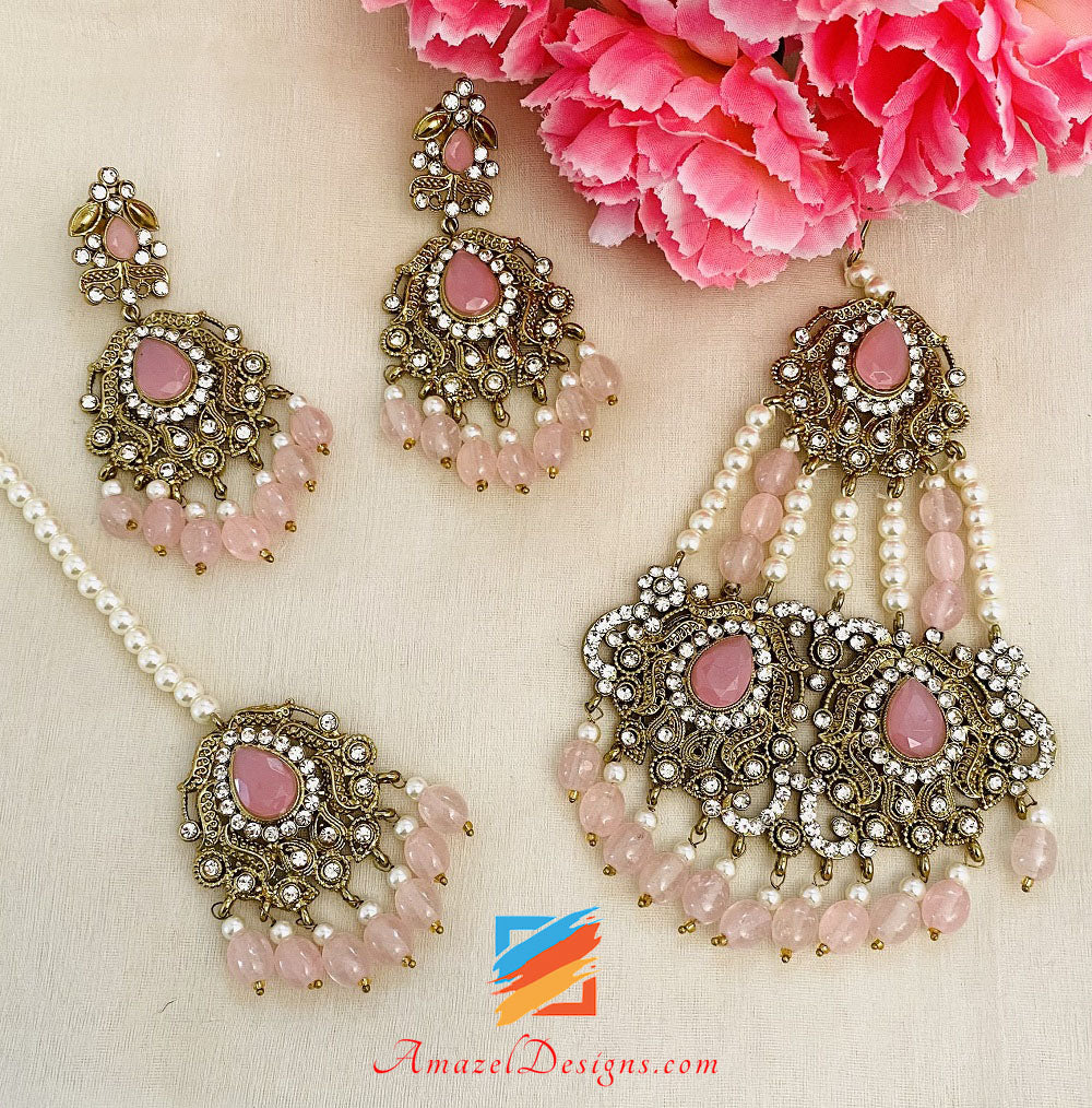 Buy Green & Pink Necklace with Earring Jewellery Set with Kundan & Pearls  by DUGRAN BY DUGRISTYLE at Ogaan Market Online Shopping Site